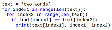 The following nested for loop is intended to print information about characters that are repeated in...