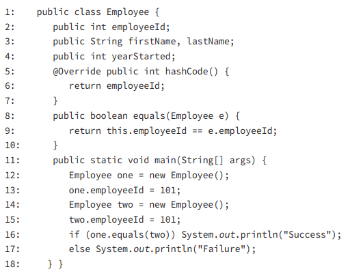 What is the result of the following code? A. Success B. Failure C. The hash Code () method fails to...