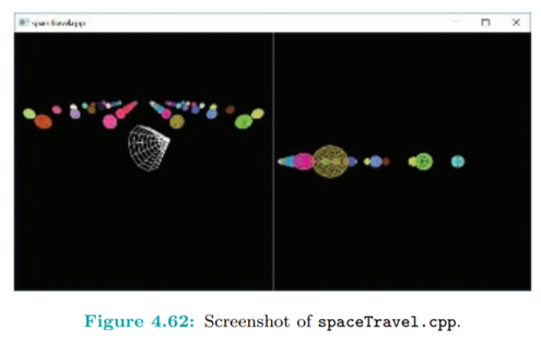 Run spaceTravel.cpp. The left viewport shows a global view from a fixed camera of a conical...