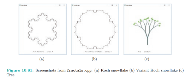 Run fractals.cpp, which draws three different fractal curves – a Koch snowflake, a variant of the...