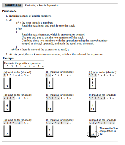 Trace the algorithm from Figure 7.10 on page 380 to evaluate the postfix expression 15 9 6 * + 12 -...