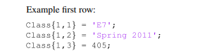 Create a cell array called Class where each row contains data about a class. The first element of...