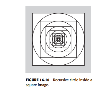 Write a class defining a recursive image of a circle inscribed inside a square, which contains...