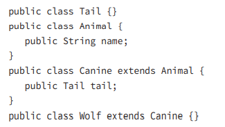 What statements are true about the following code? (Choose all that apply.) A. Wolf has-a name. B....