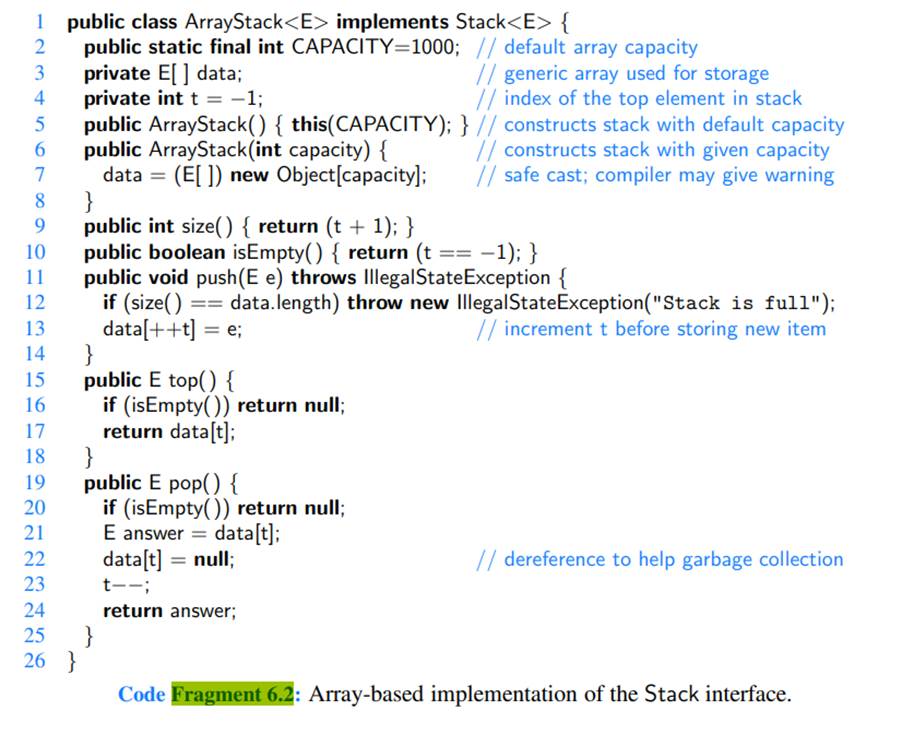 Had the stack of the previous problem been an instance of the ArrayStack class, from Code Fragment...