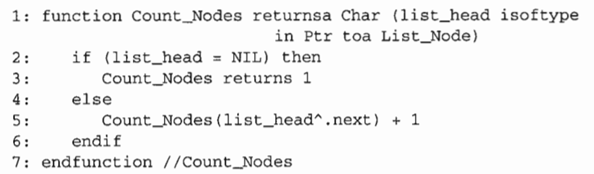 Intended purpose: Counts the number of nodes in a linked list.