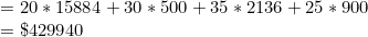 20 * 15884 +30 * 500 + 35 * 2136 + 25 * 900 = $429940