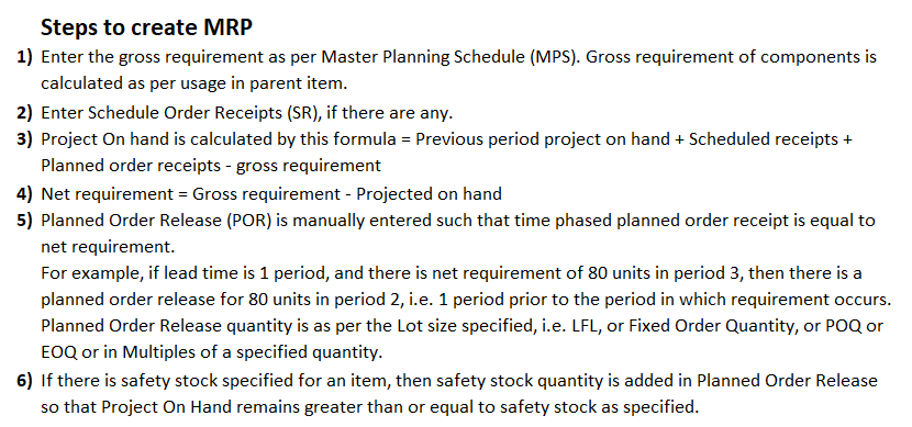Steps to create MRP 1) Enter the gross requirement as per Master Planning Schedule (MPS). Gross requirement of components is