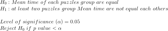 Ho: Mean time of each puzzles group are equal Hu: at least two puzzles group Mean time are not equal each others Level of sig