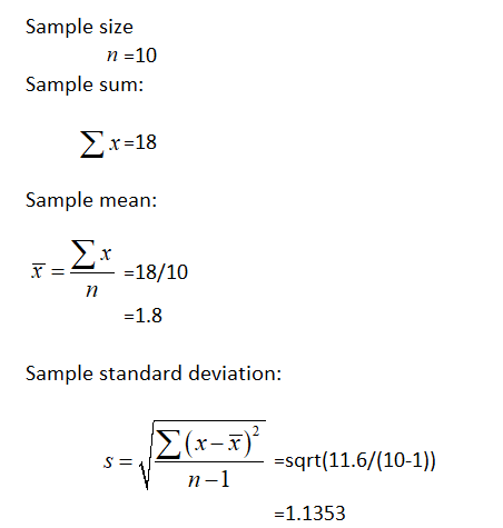 Sample size n =10 Sample sum: x=18 Sample mean: Ex T = =18/10 n =1.8 Sample standard deviation: (x-7) S= =sqrt(11.6/(10-1)) n
