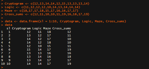 > Cryptogram <- c(12,13,14,14,12,15,13,13,13,14) > Logic <- c(11,12,12,12,10,14,13,14,14,14) > Maze <- c(18,17,17,18,15,17,16