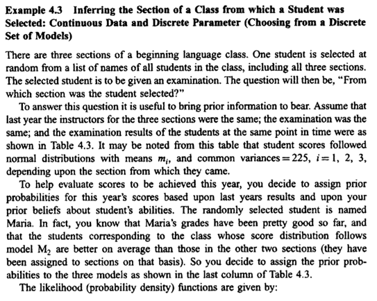 Example 4.3 involved making an inference about which section of a large course a student came from....-1