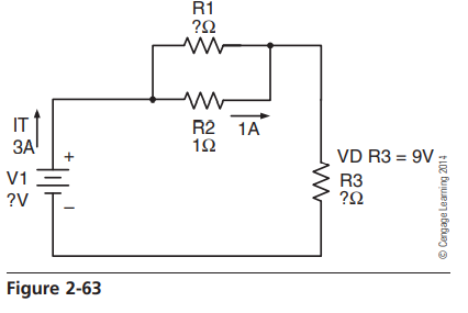 Referring to Figure 2-63, the voltage dropped across R3 is 9V. Find the following: A. Source voltage...