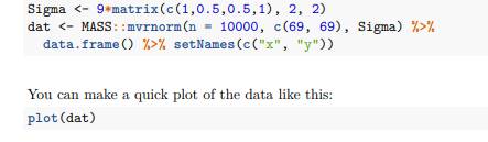 Generate data from a bivariate normal distribution using the MASS package like this: Use an approach...