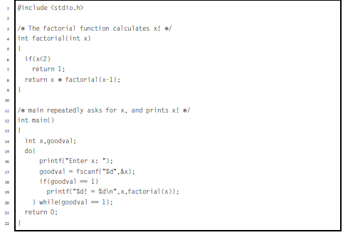 The factorial function can be defined as: The following C program repeatedly reads x from the user...-2