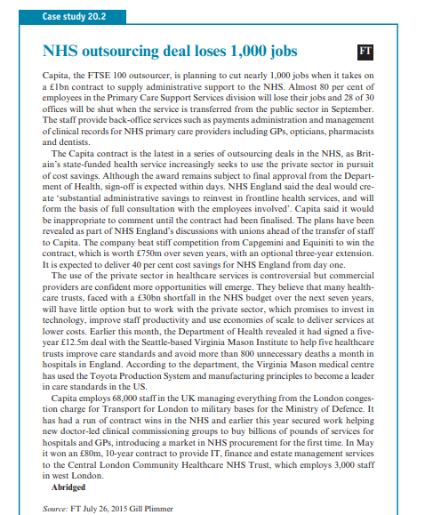 With reference to Case Study 20.2, discuss the advantages and disadvantages of outsourcing NHS...