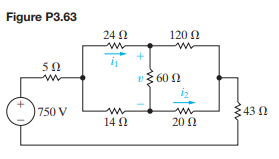 For the circuit shown in Fig. P3.63, find (a) i 1 , (b) v, (c) i 2 , and (d) the power supplied by...