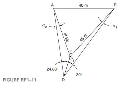 A surveyor is to determine the internal angles of triangle ACB (Figure RP1–11). Since she cannot set...