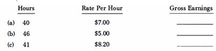 Find the gross earnings mentally. Assume the time-and-a-half rate applies to all hours over 40.