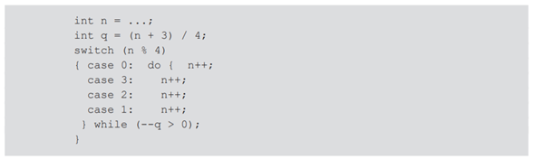 Here is a legal switch-statement in C/C++: Suppose that n has the value (a) 0; (b) 1; (c) 5; (d) 8....