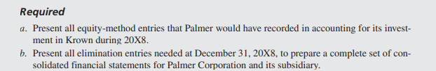 Palmer Corporation acquired 70 percent of Krown Corporation’s ownership on January 1, 20X8, for...