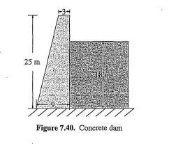 The cross section of a concrete darn is shown in Figure 7.40. Using a planar finite element model,...