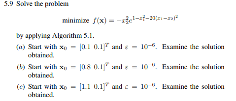 Solve the problem in Prob. 5.9 by applying Algorithm 5.2. Try the 3 initial points specified in...-1