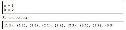 Write a program to generate all variations with duplicates of n elements class k. Sample input:...