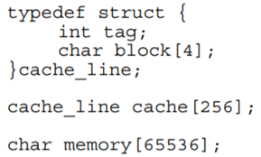 Using the C declarations below of a simulated 256 line cache and a 64K memory, create two functions....