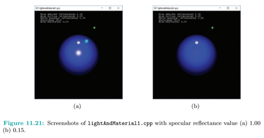 Run lightAndMaterial1.cpp. Reduce the specular reflectance of the ball. Both the white and green...