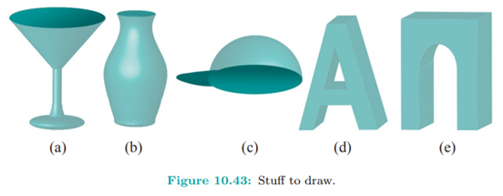 Draw the objects depicted in Figure 10.43: wine glass, vase, helmet with visor, extruded ‘A’, arch....