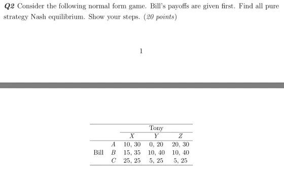 Consider the following normal form game. Bill's payoffs are given first. Find all pure strategy Nash...