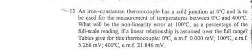 An iron-constantan thermocouple has a cold junction at 0°C and is to be used for the measurement of...