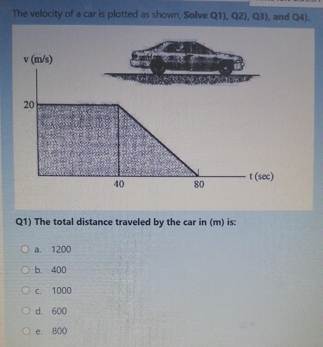 The velocity of a car is plotted as shown, Solve Q1), Q2), Q3), and Q4). v (m/s) 20 t (sec) 40 80...