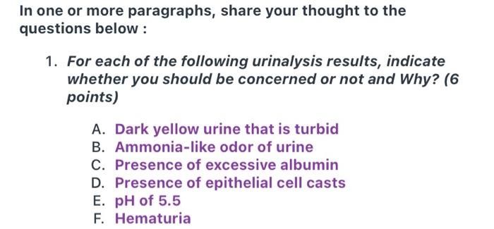 For each of the following urinalysis results, indicate whether you should be concerned or not and...