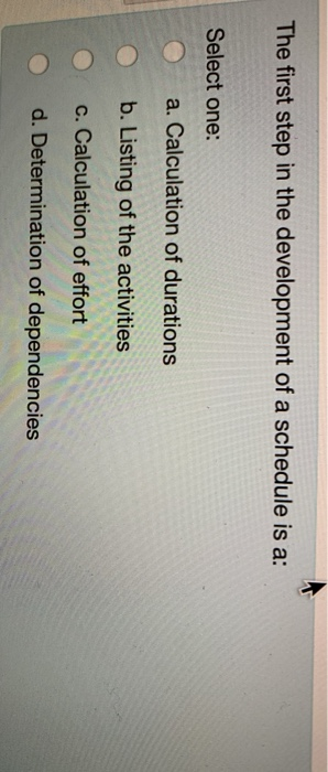 The first step in the development of a schedule is a: Select one: a. Calculation of durations b....