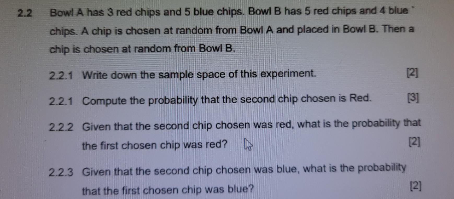 Bowl A has 3 red chips and 5 blue chips. Bowl B has 5 red chips and 4 blue chips. A chip is chosen...