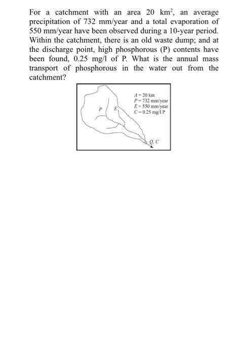 or a catchment with an area 20 km2, an averageprecipitationof 732 mm/year and a total evaporation of...