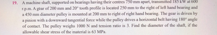 A machine shaft, supported on bearings having their centres 750 mm apart, transmitted 185 kW at 600...