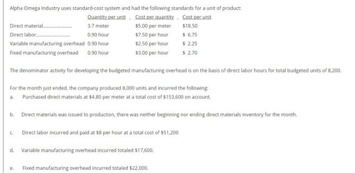 Alpha Omega Industry uses standard-cost system and had the following standards for a unit of...-1