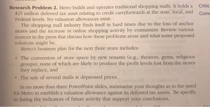 Critic Comu Research Problem Metro builds and operates traditional shopping malls. It holds a $25...