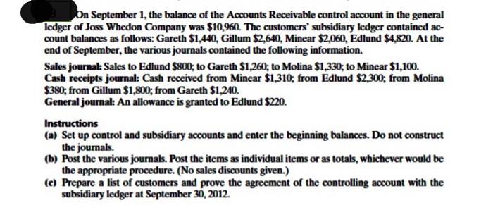 on September 1, the balance of the Accounts Receivable control account in the general ledger of Joss...