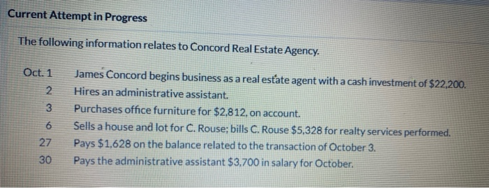 Current Attempt In Progress The Following Information Relates To Concord Real Estate Agency. Oct. 1...-1