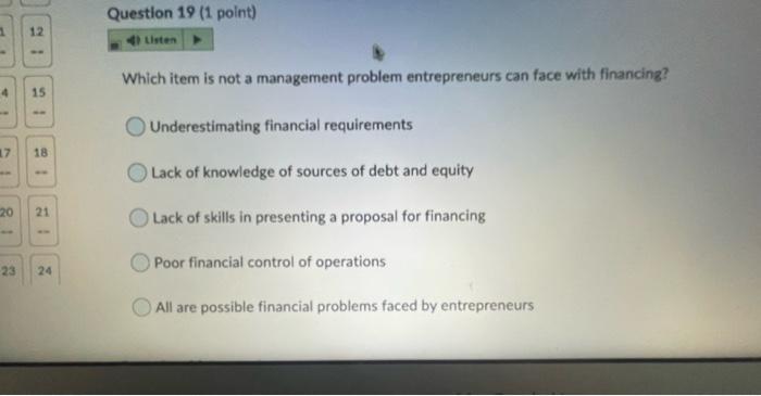 Which item is not a management problem entrepreneurs can face with financing? 4 15 Underestimating...