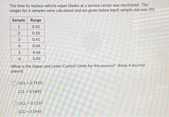 The time to replace vehicle wiper blades at a service center was monitored. The ranges for 6 samples...