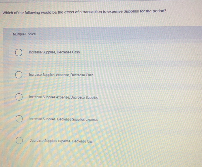 Which of the following would be the effect of a transaction to expense Supplies for the period?...