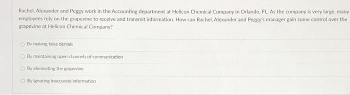 Rachel, Alexander and Peggy work in the Accounting department at Helicon Chemical Company in...