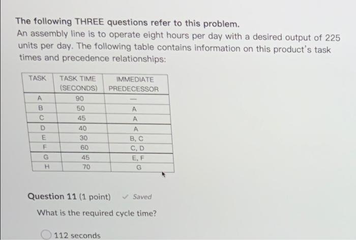 The following THREE questions refer to this problem. An assembly line is to operate eight hours per...