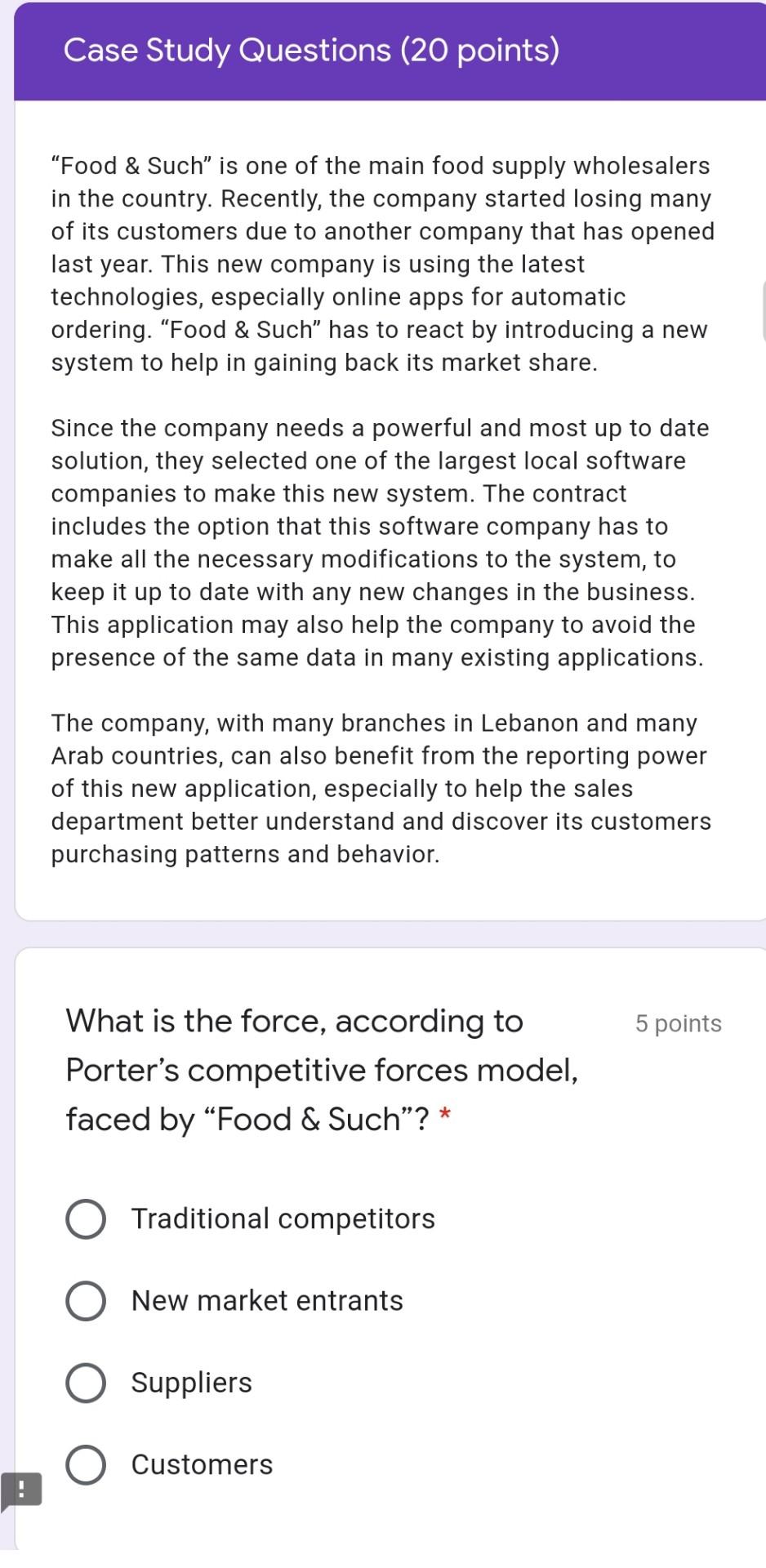 What is the force, according to Porter’s competitive forces model, faced by “Food & Such”? * 5...