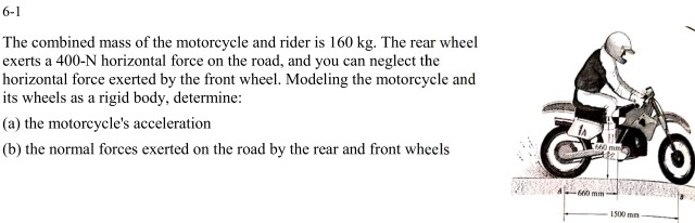 The combined mass of the motorcycle and rider is 160 kg. The rear wheel exerts a 400-N horizontal...